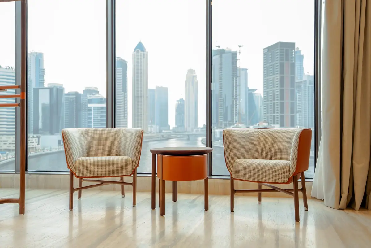 Bright modern Dubai apartment overlooking the Marina skyline